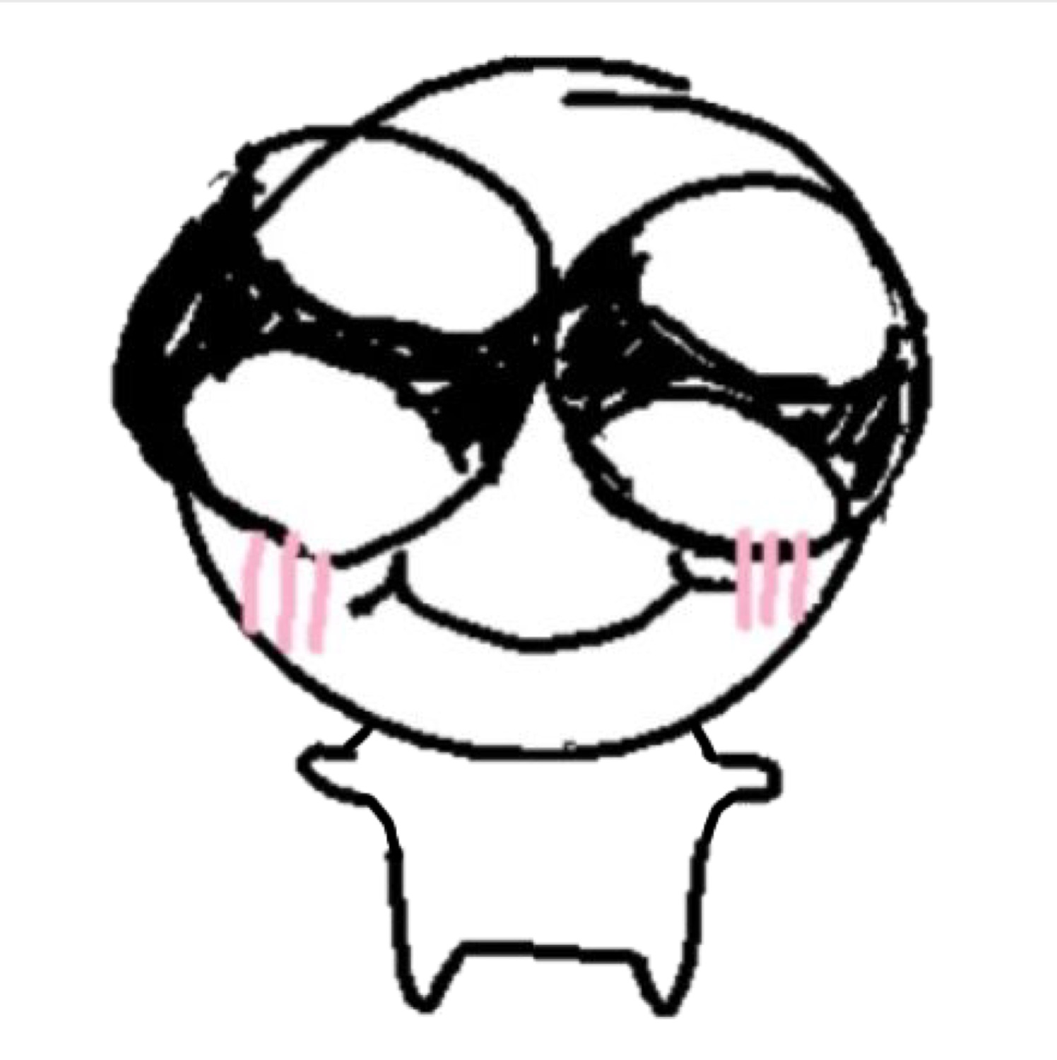 Scribbly wide-eyed doodle face with pink blushing cheeks and a bashful smile