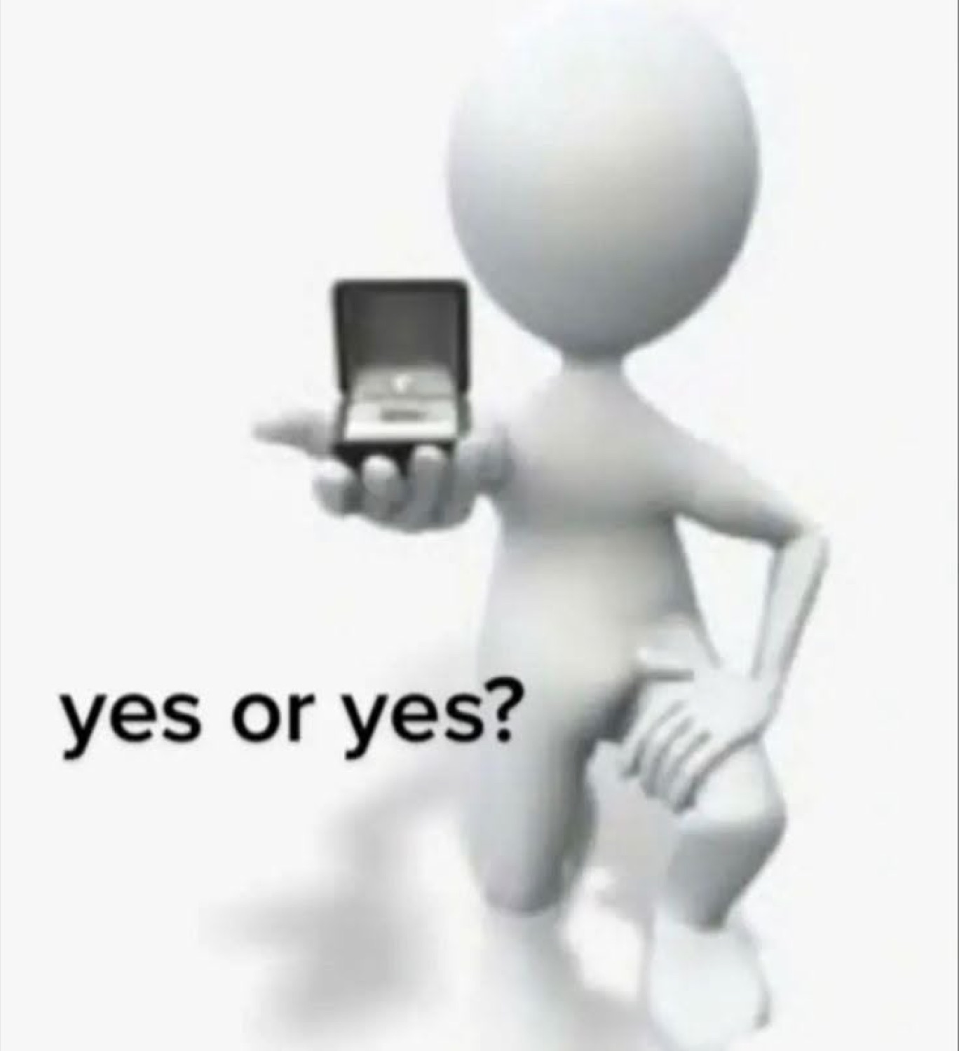 3D stick figure holding out a ring box with 'yes or yes?' text