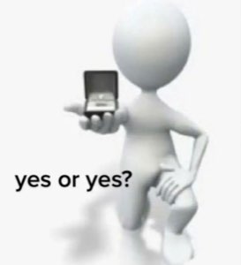 3D stick figure holding out a ring box with 'yes or yes?' text