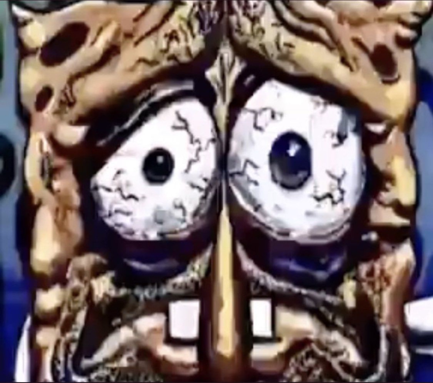 Extreme close-up of a cursed, wrinkly SpongeBob with bulging veiny eyes