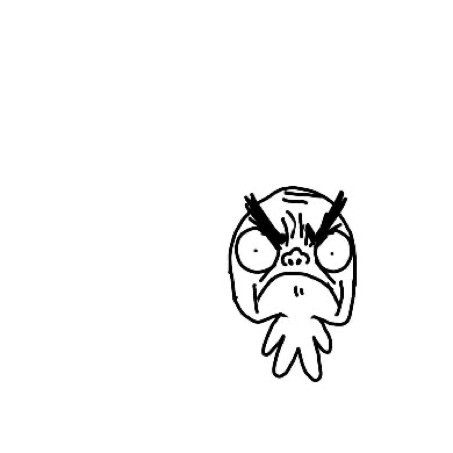 Tiny sketch of a grumpy cartoon creature with furrowed brows and a deep frown
