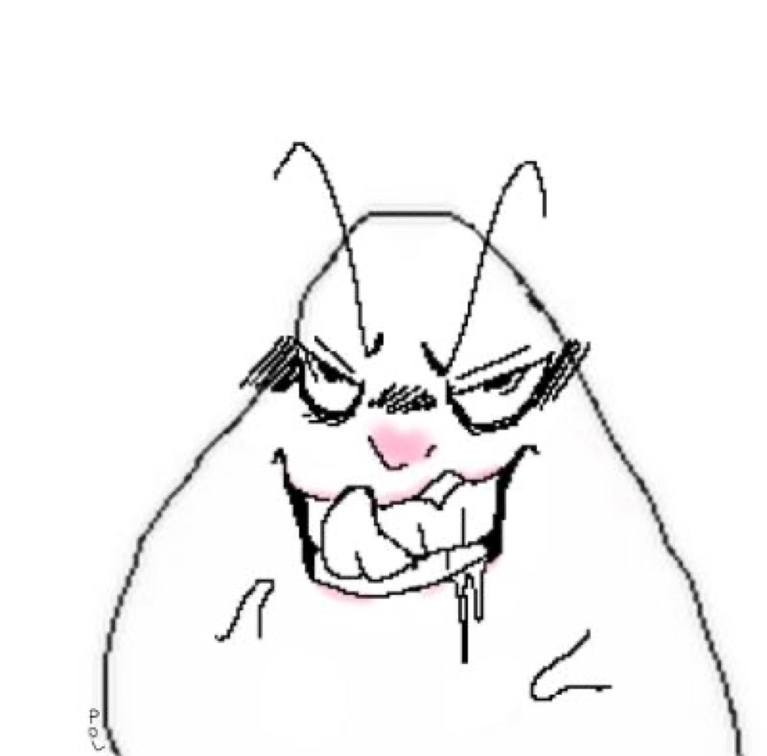 Cartoon blob creature with furrowed brows and a menacing grin, clearly plotting
