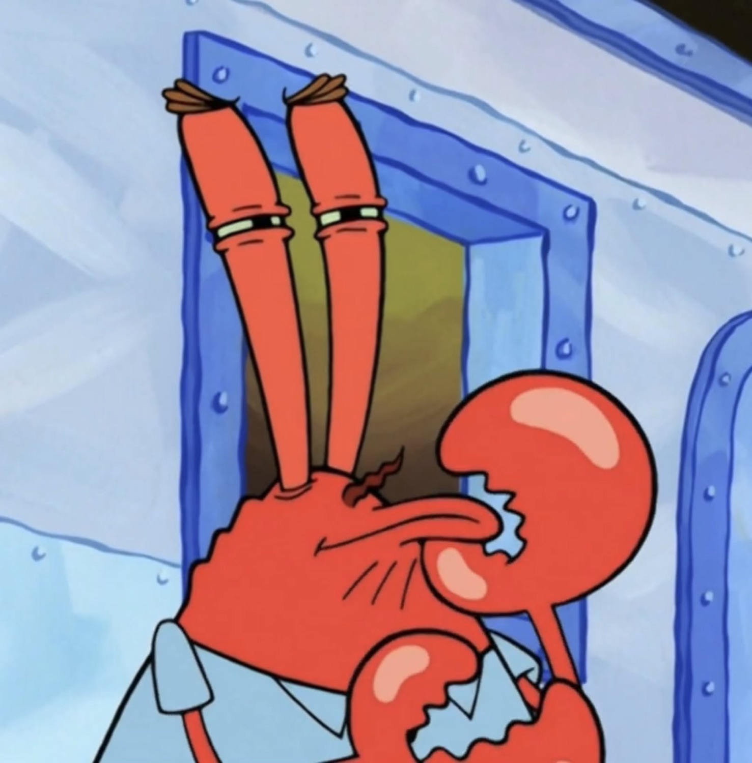 Mr. Krabs peeking through a window with two claws raised and a scheming squint