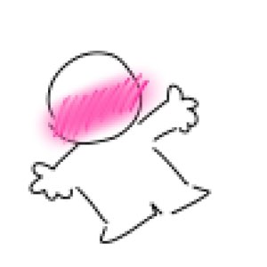 Simple sketch doodle of a round blushing figure with a pink-scribbled head