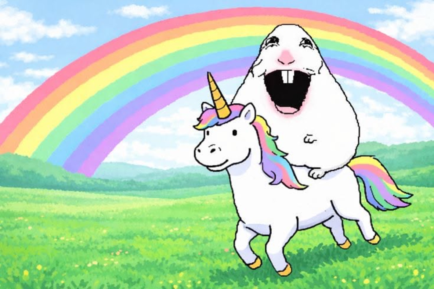 The 'has no idea' troll blob riding a unicorn through a rainbow field, mouth wide open