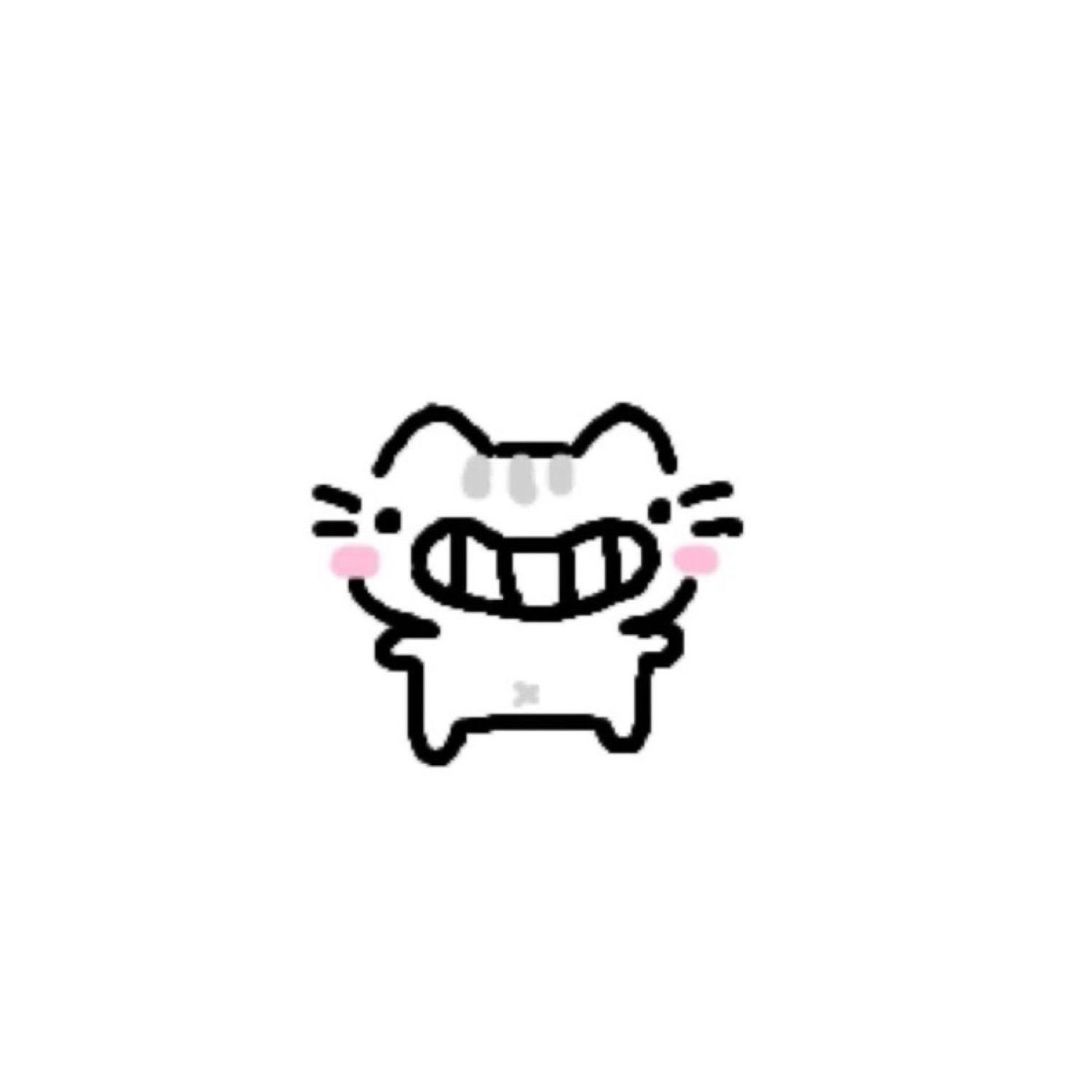 Tiny doodle cat with a huge forced toothy grin and blushing cheeks