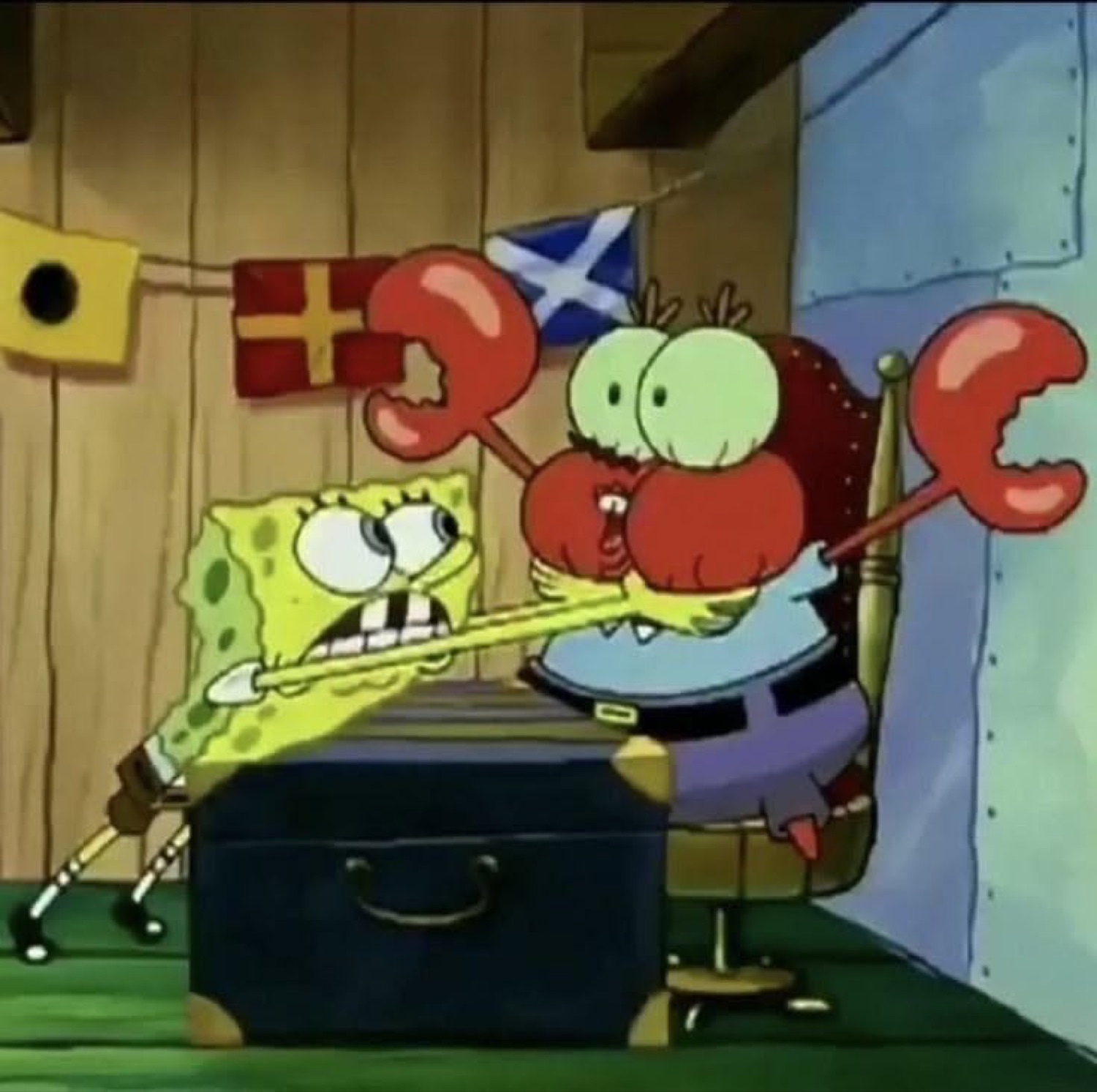 SpongeBob getting yanked by Mr. Krabs in a chaotic struggle at the Krusty Krab