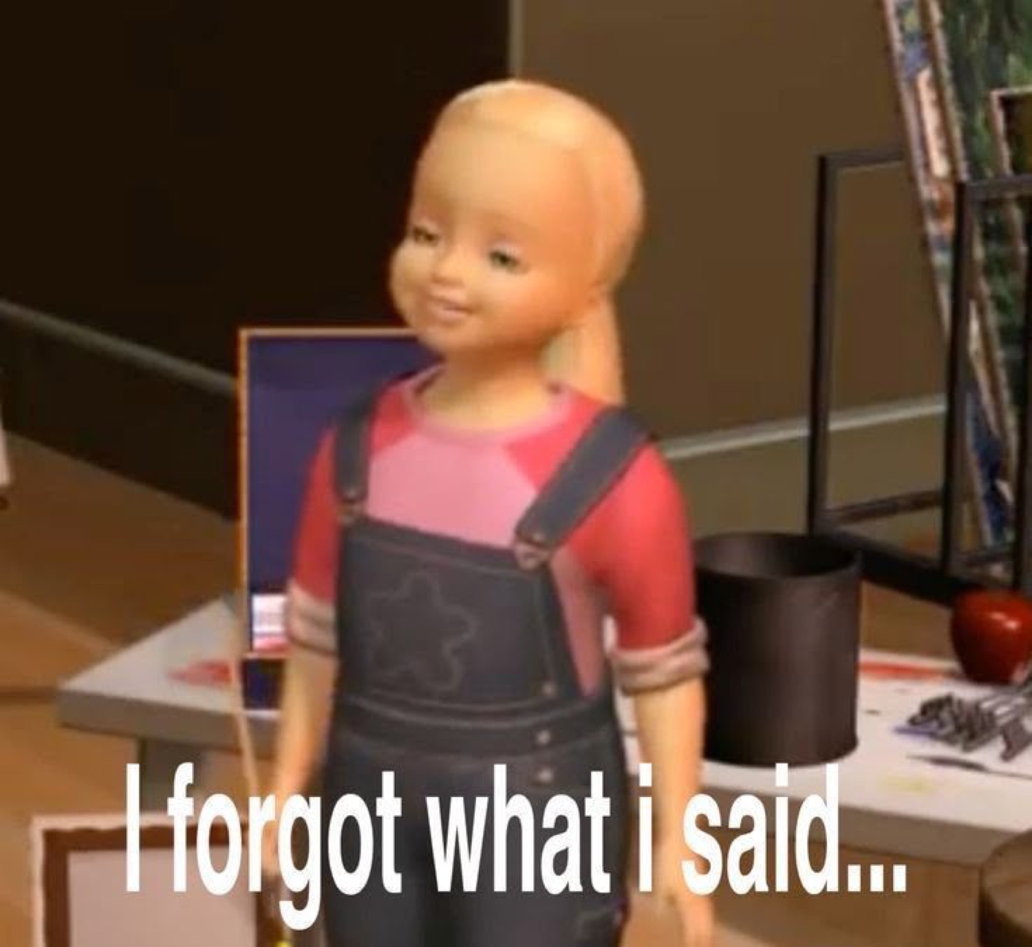 3D animated blonde girl smiling sheepishly with caption 'I forgot what i said...'