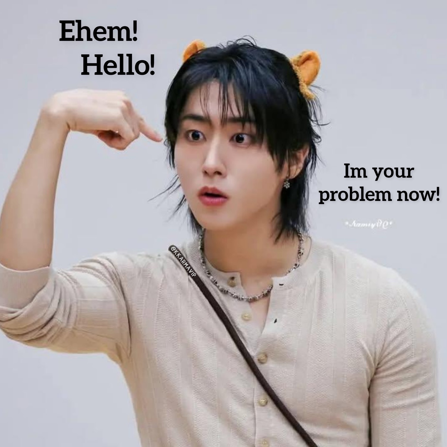 Young man in cat ears pointing at himself with the text 'Ehem! Hello! Im your problem now!'