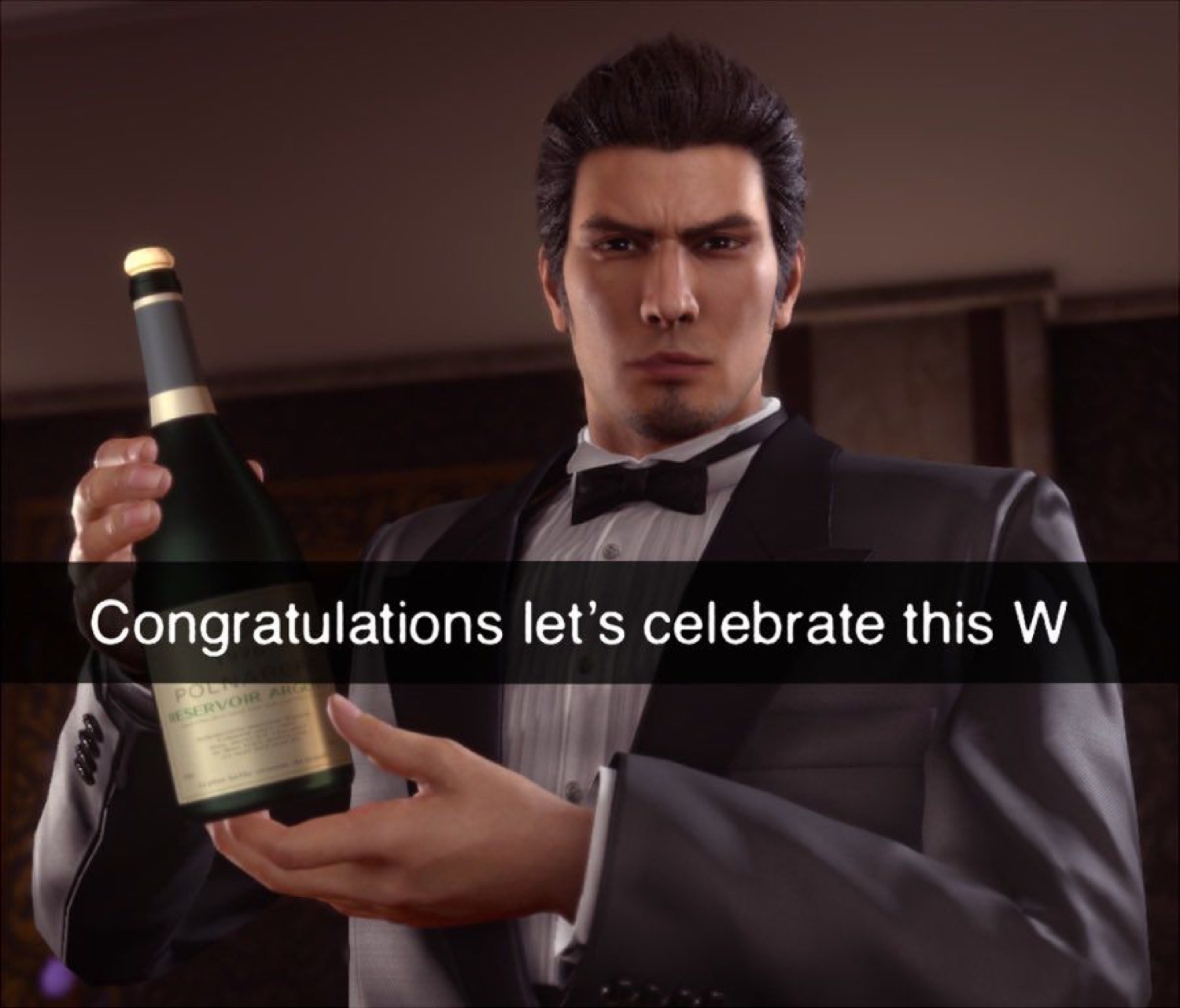 Kiryu in a tux holding champagne: 'Congratulations let's celebrate this W'