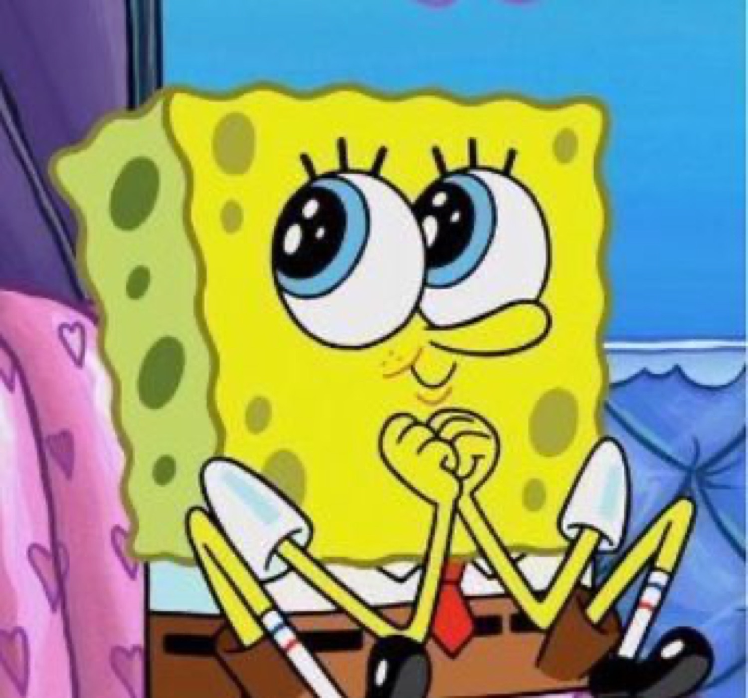 SpongeBob with huge puppy eyes and hands clasped, trying to look adorable and hopeful