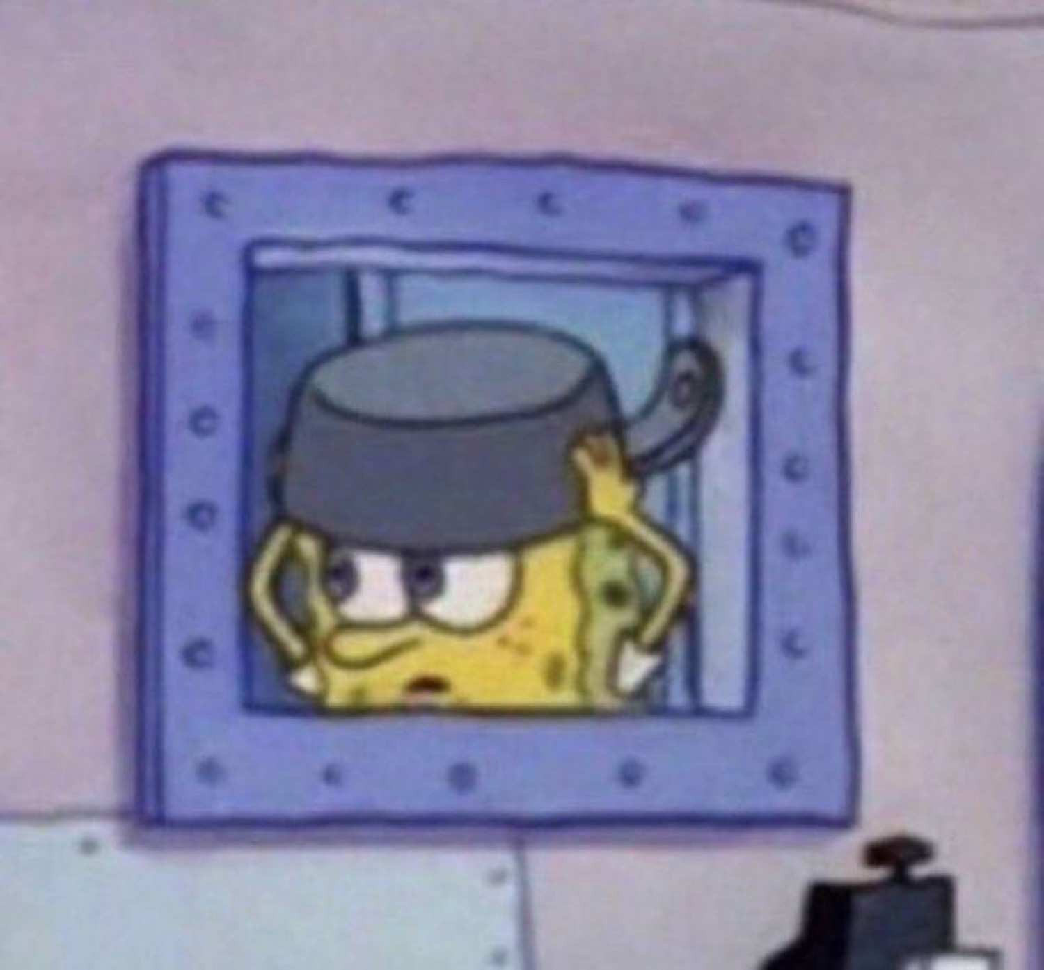 SpongeBob peeking through a porthole window wearing a Squidward hat with narrowed eyes