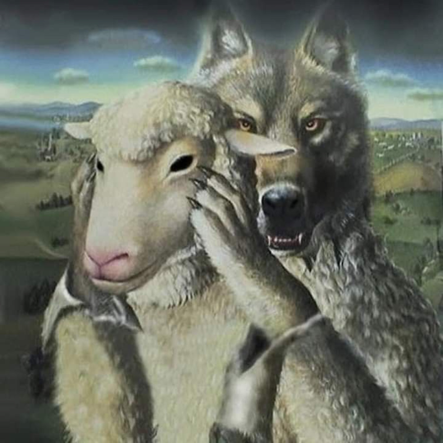 Painting of a wolf peeling a sheep mask off its face in a green field