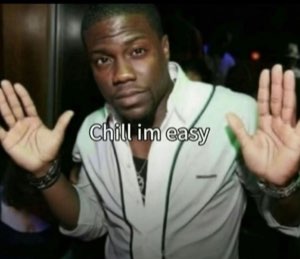 Kevin Hart holding both palms up defensively, captioned 'Chill im easy'