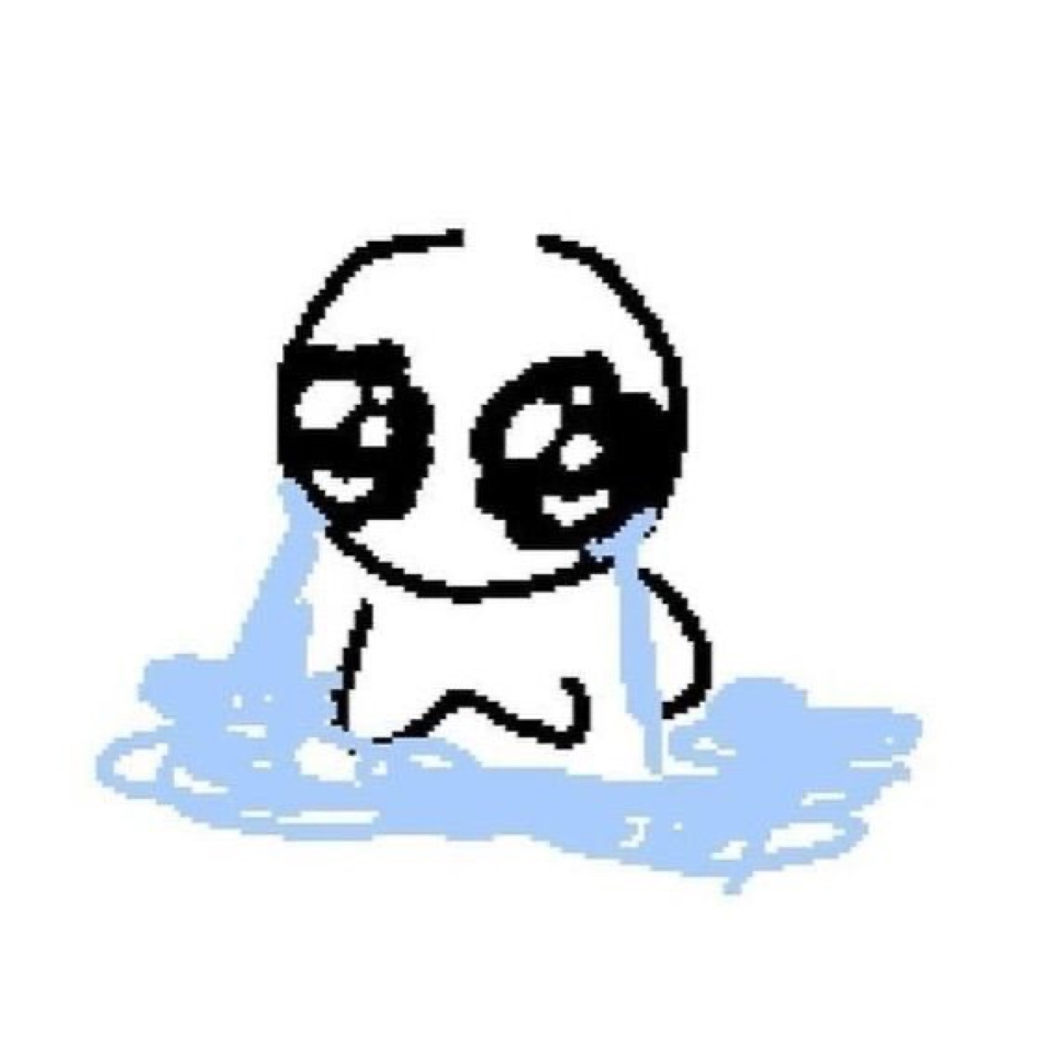 Simple cartoon figure with big shiny eyes sobbing in a puddle of its own tears