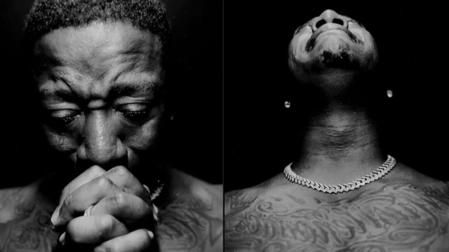 Dramatic black-and-white diptych of a man clasping his hands in anguish then tilting his head back