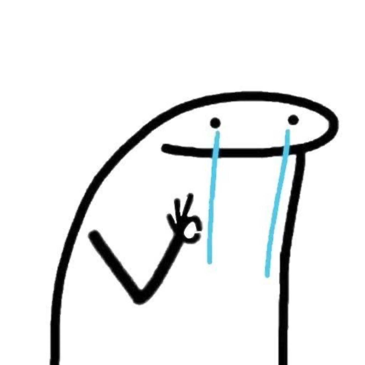 Simple stick-figure blob crying two big blue tears while giving the okay sign