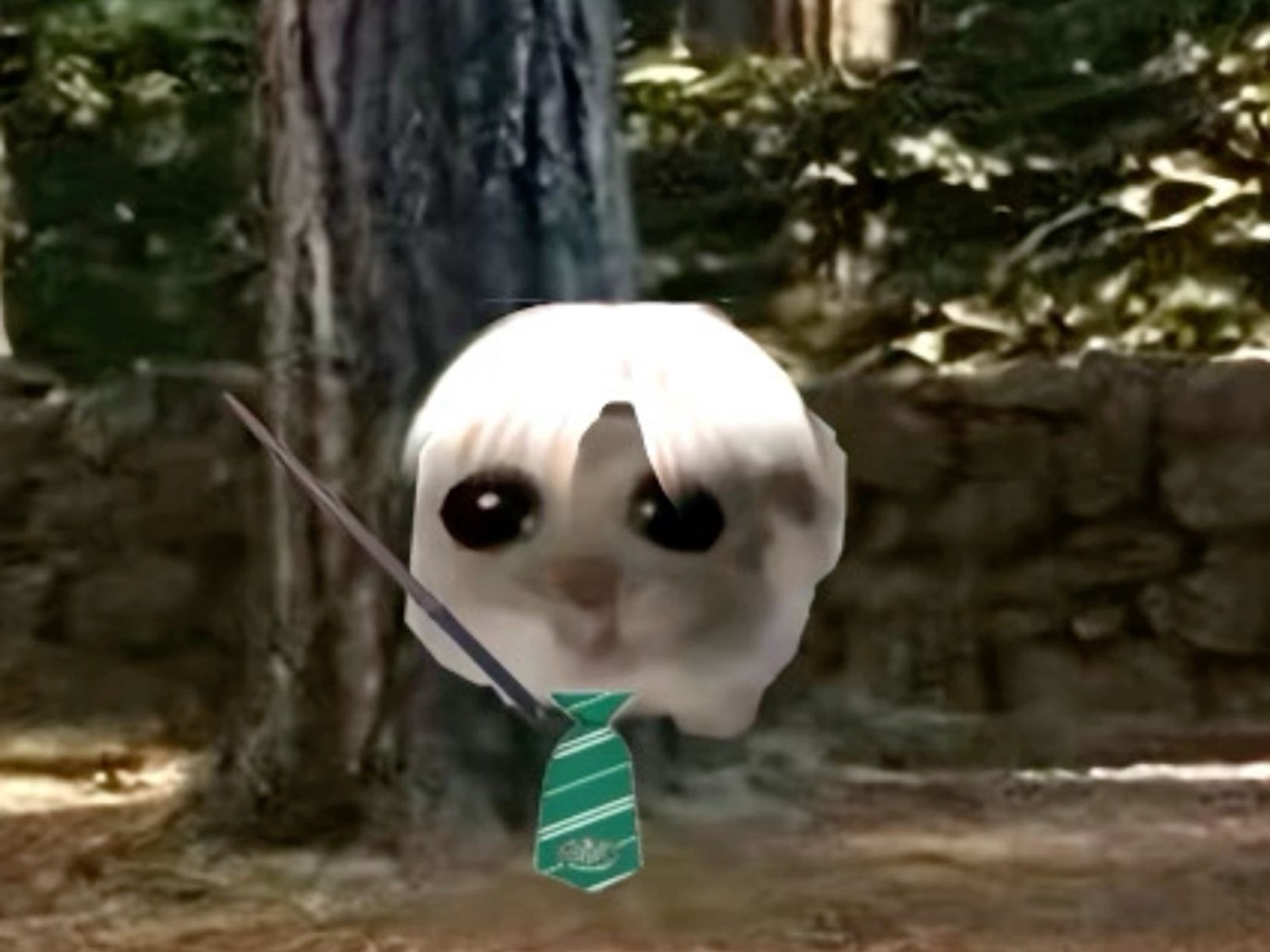 Hamster with a wand and Slytherin tie edited as Draco Malfoy in a forest
