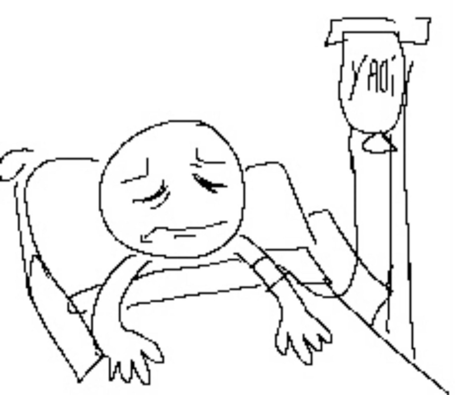 Stick figure lying in a hospital bed on an IV drip labeled 'YAOI', looking totally miserable