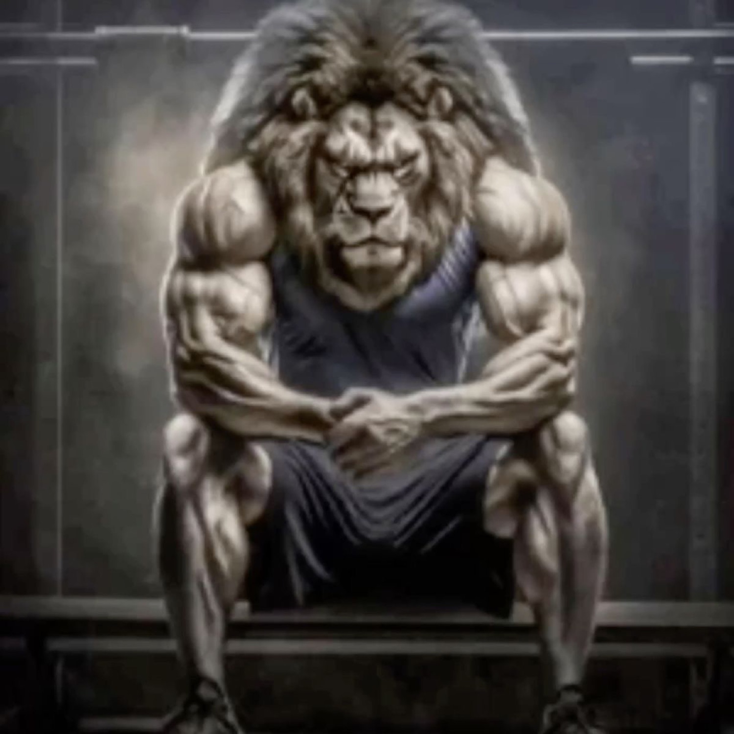 Muscular lion-man sitting hunched on a bench, glaring