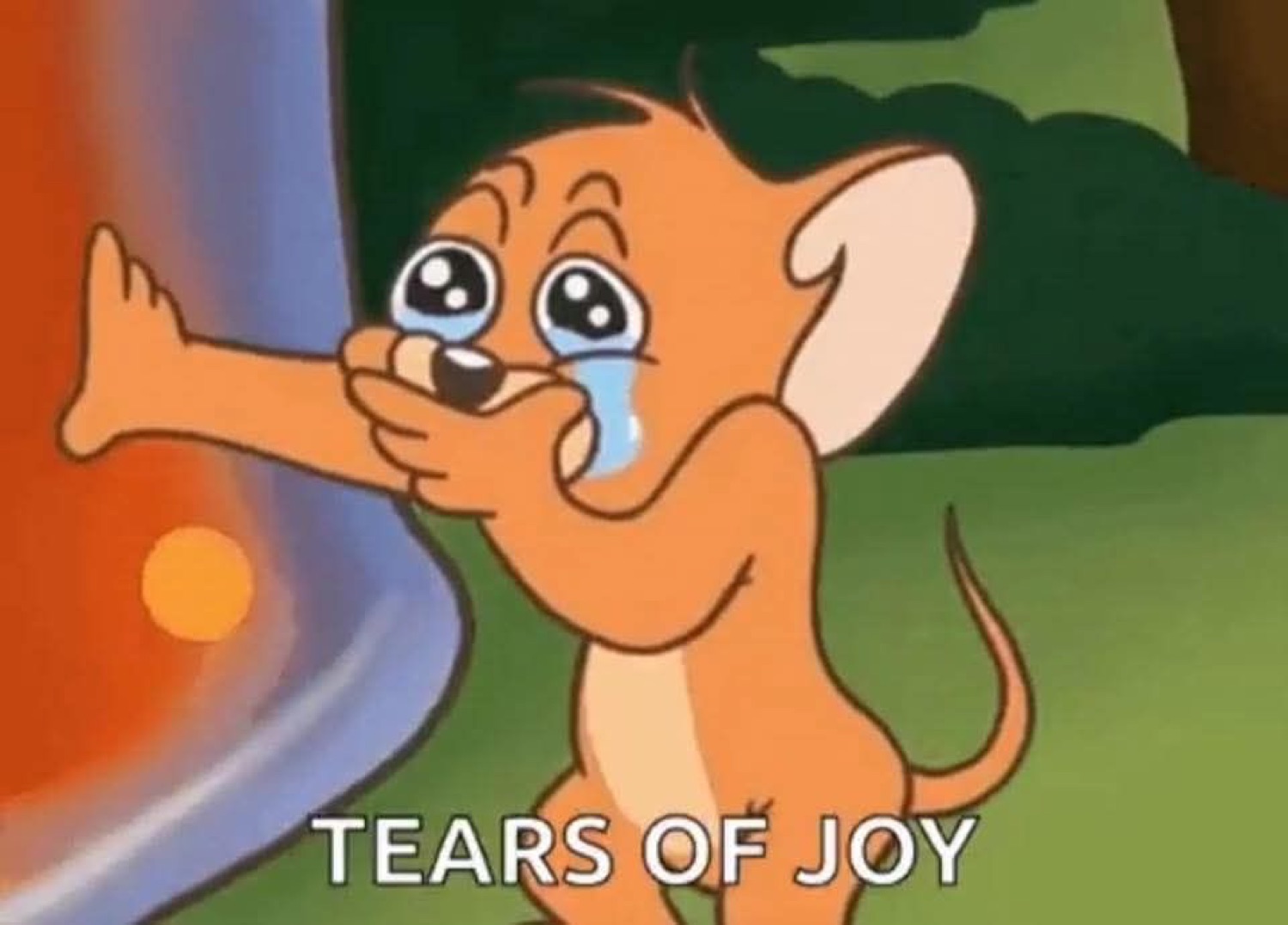 Jerry the mouse sobbing into a stack of pancakes captioned 'TEARS OF JOY'