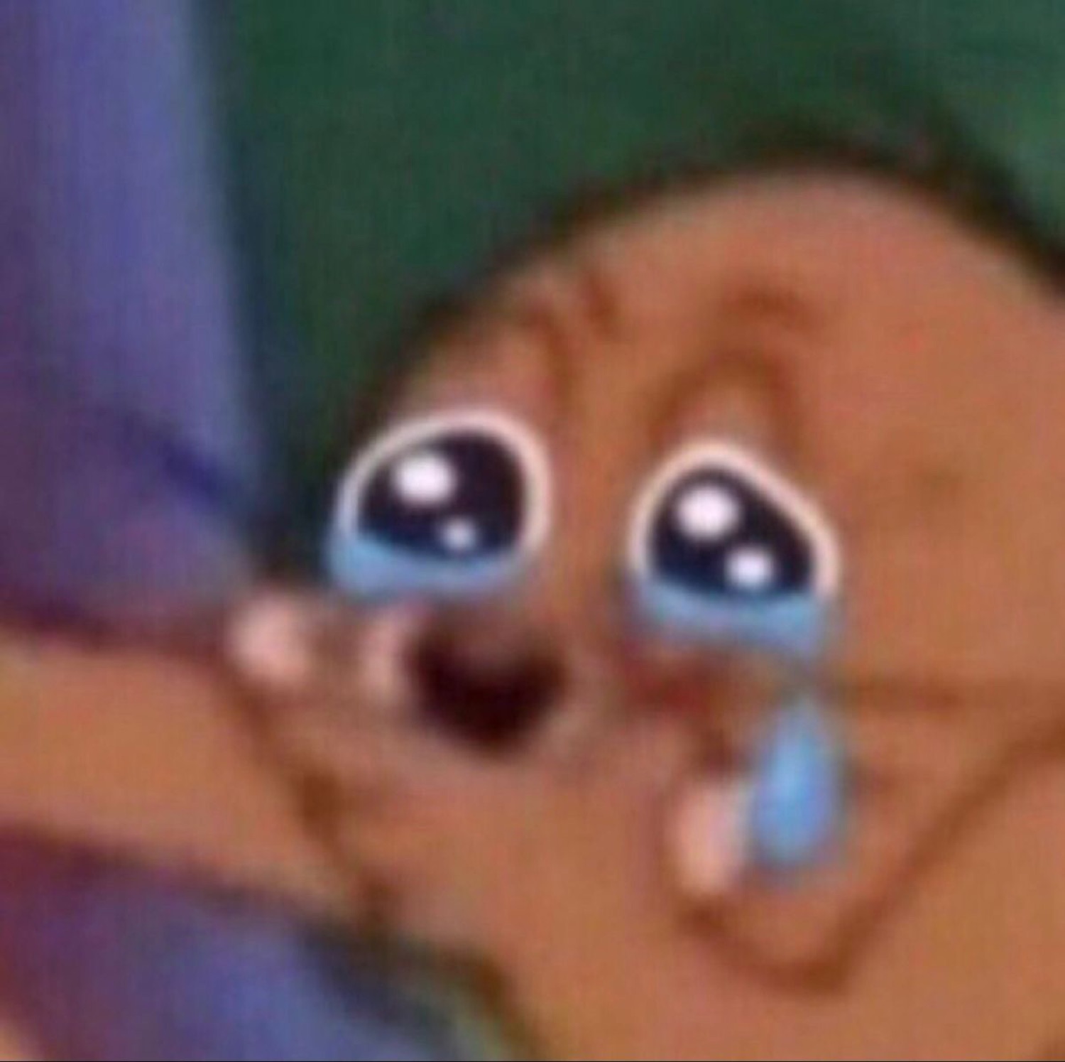 Blurry cartoon character with huge glossy eyes welling up with tears