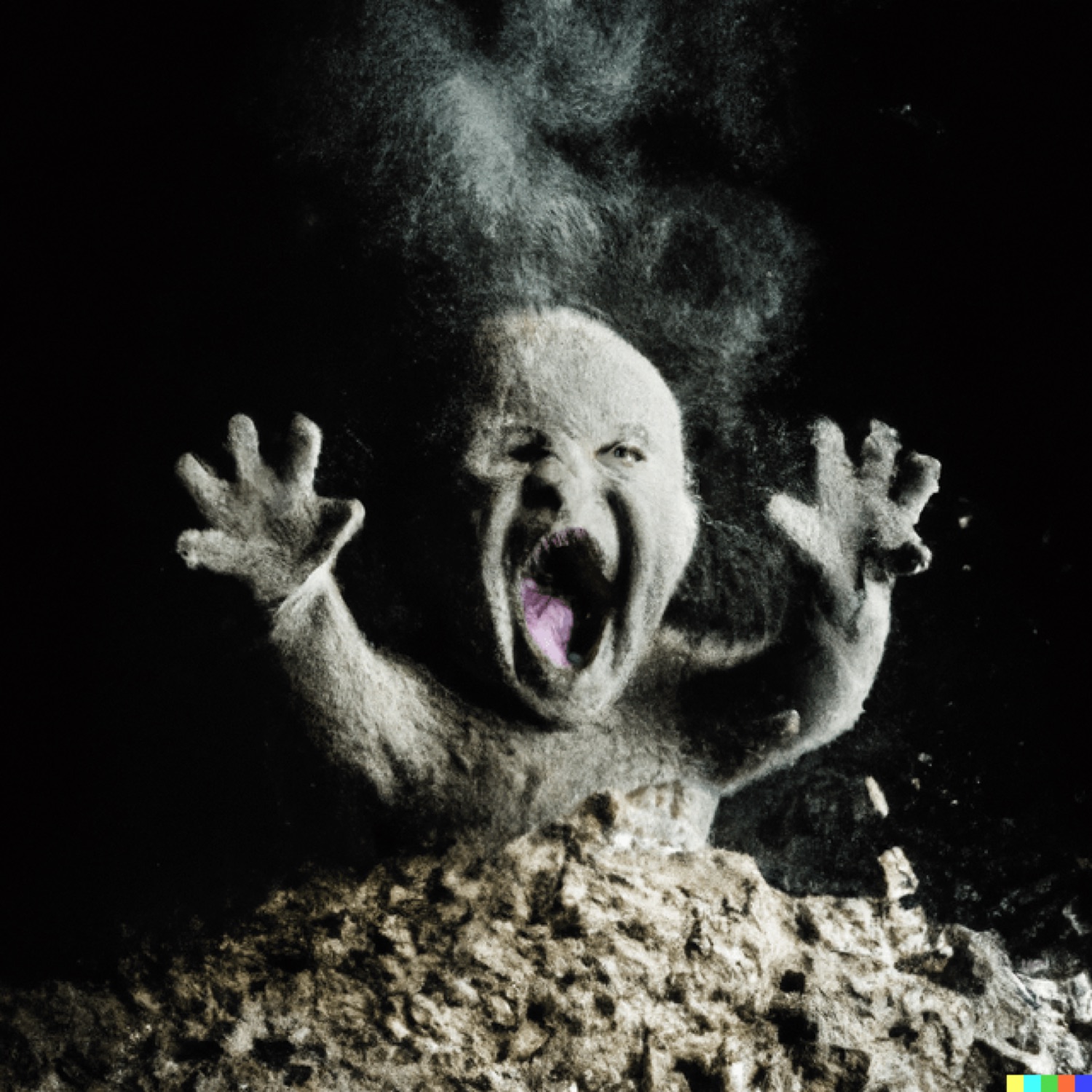 Felt-like humanoid creature bursting from rubble with mouth wide open and arms raised in the dark