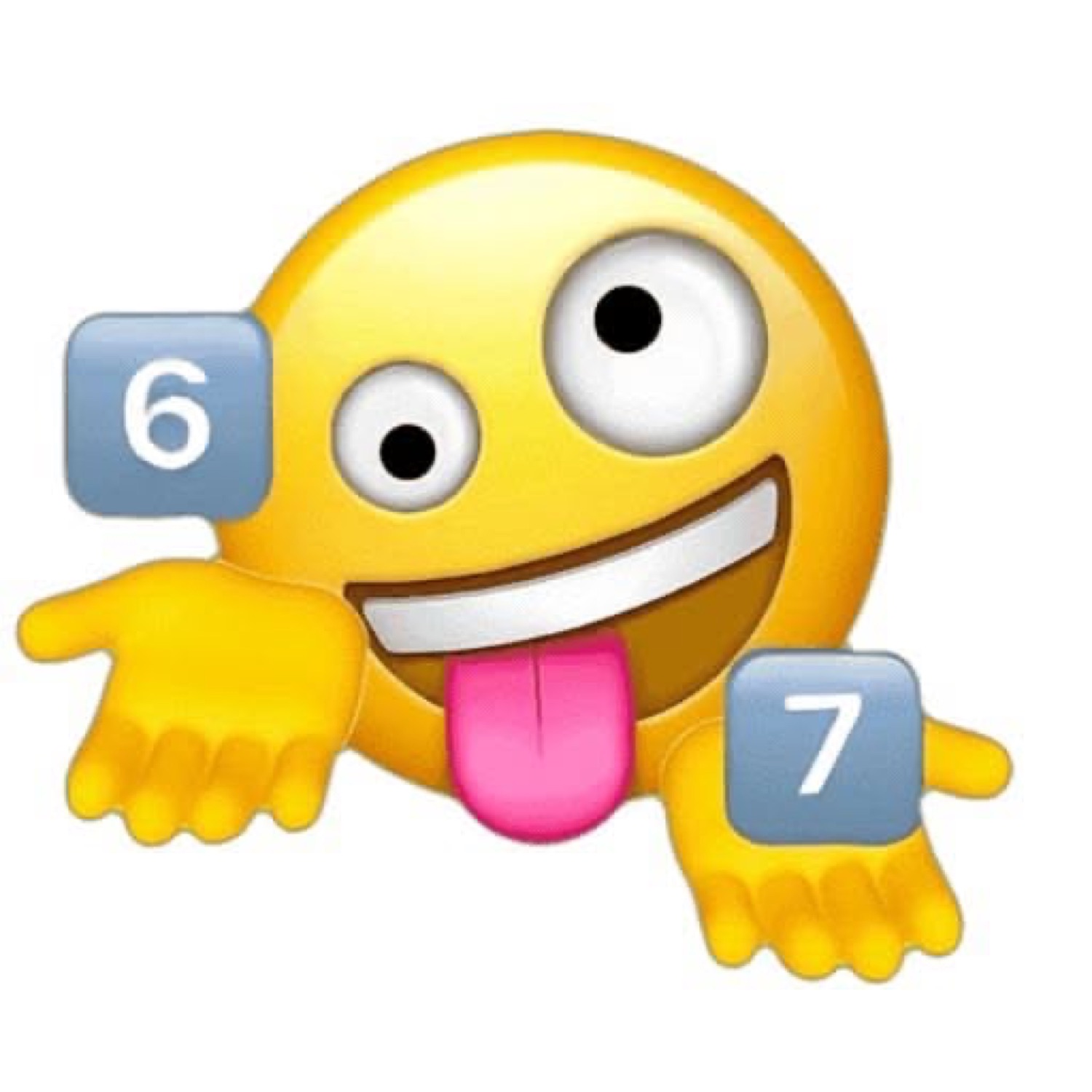 Goofy tongue-out emoji juggling '6' and '7' blocks