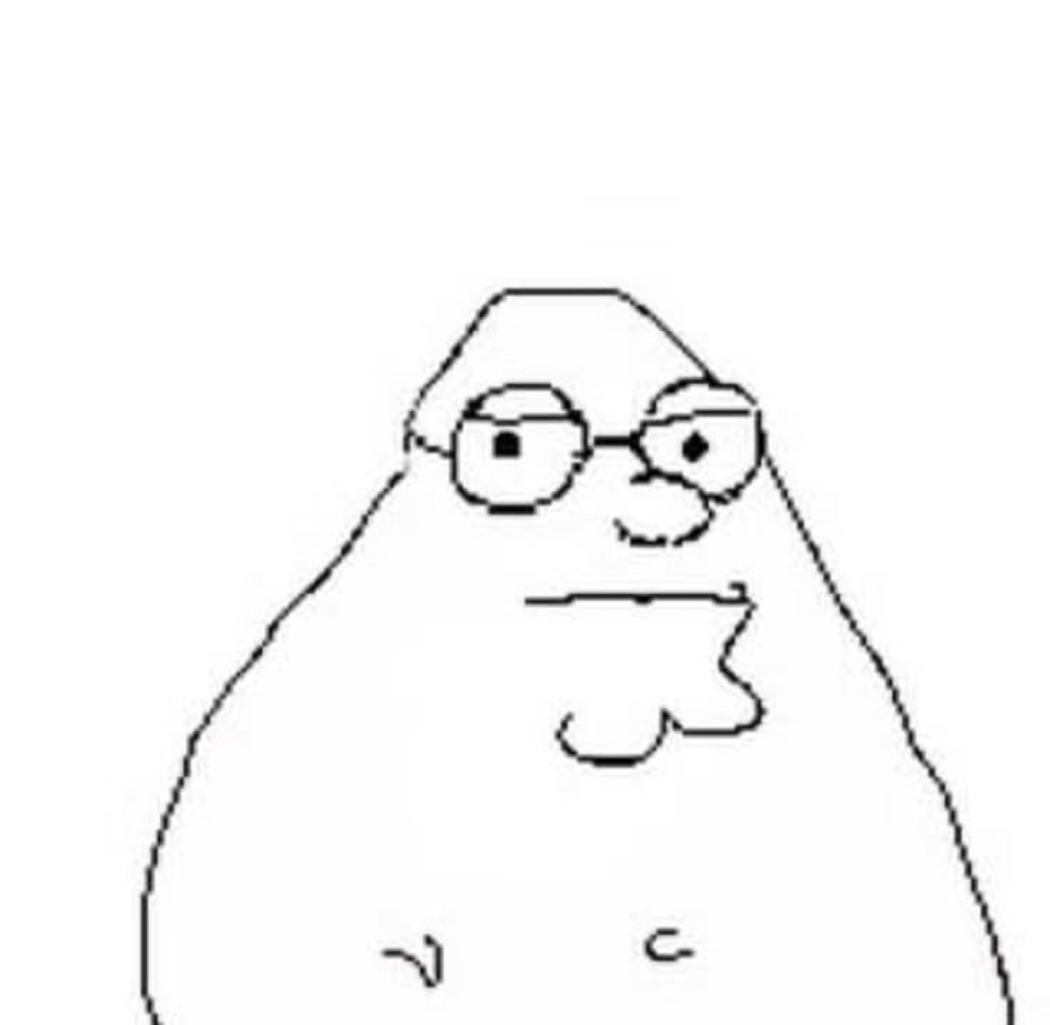 Peter Griffin-style blob cartoon with round glasses and a flat, unimpressed stare