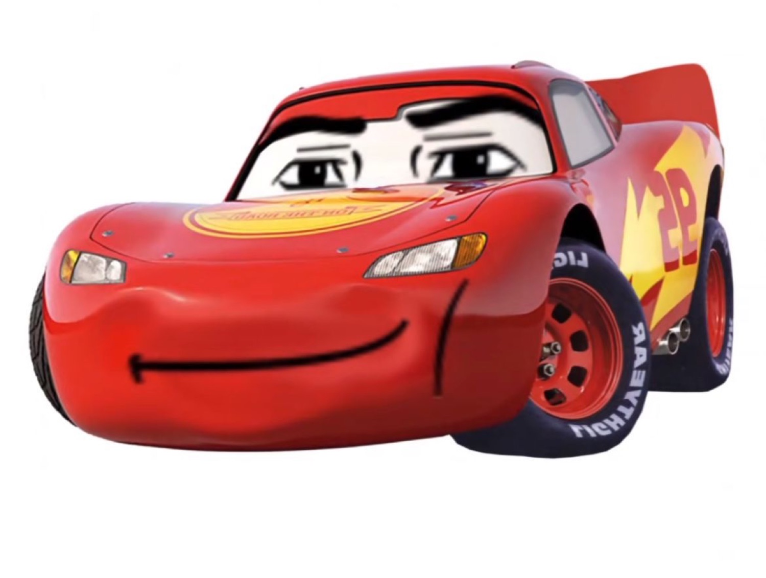 McQueen with smug human eyes and eyebrows