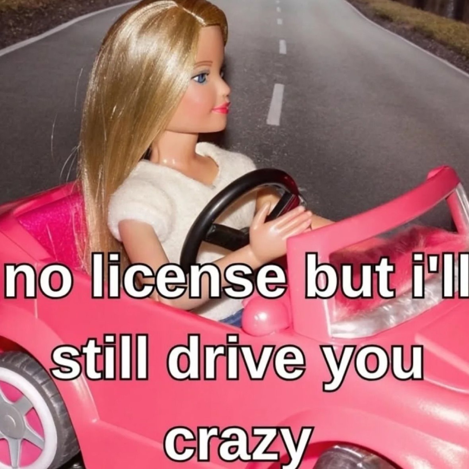 Barbie in a pink car: 'no license but i'll still drive you crazy'