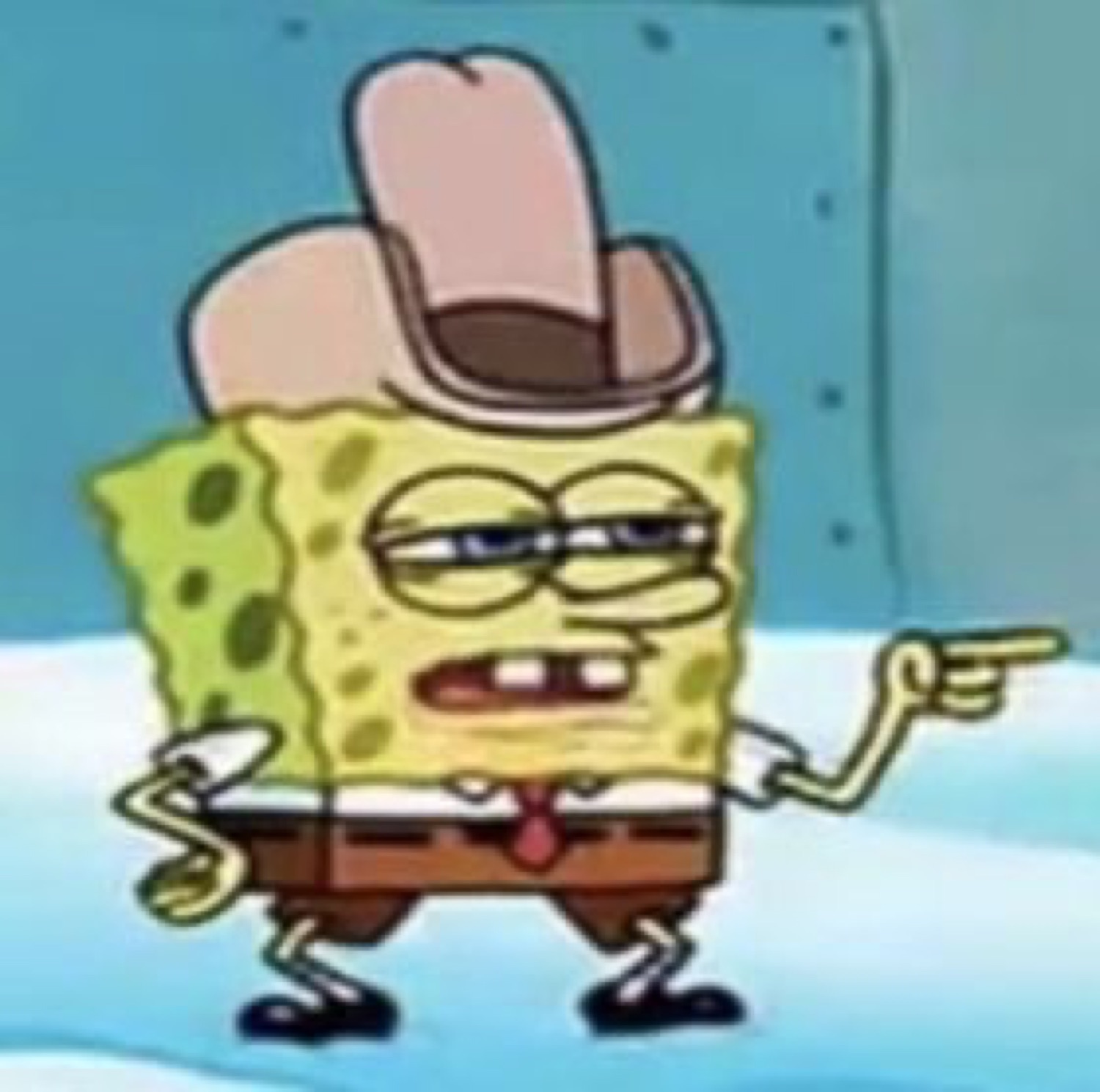 SpongeBob in a cowboy hat, half-lidded eyes, lazily pointing off to the side