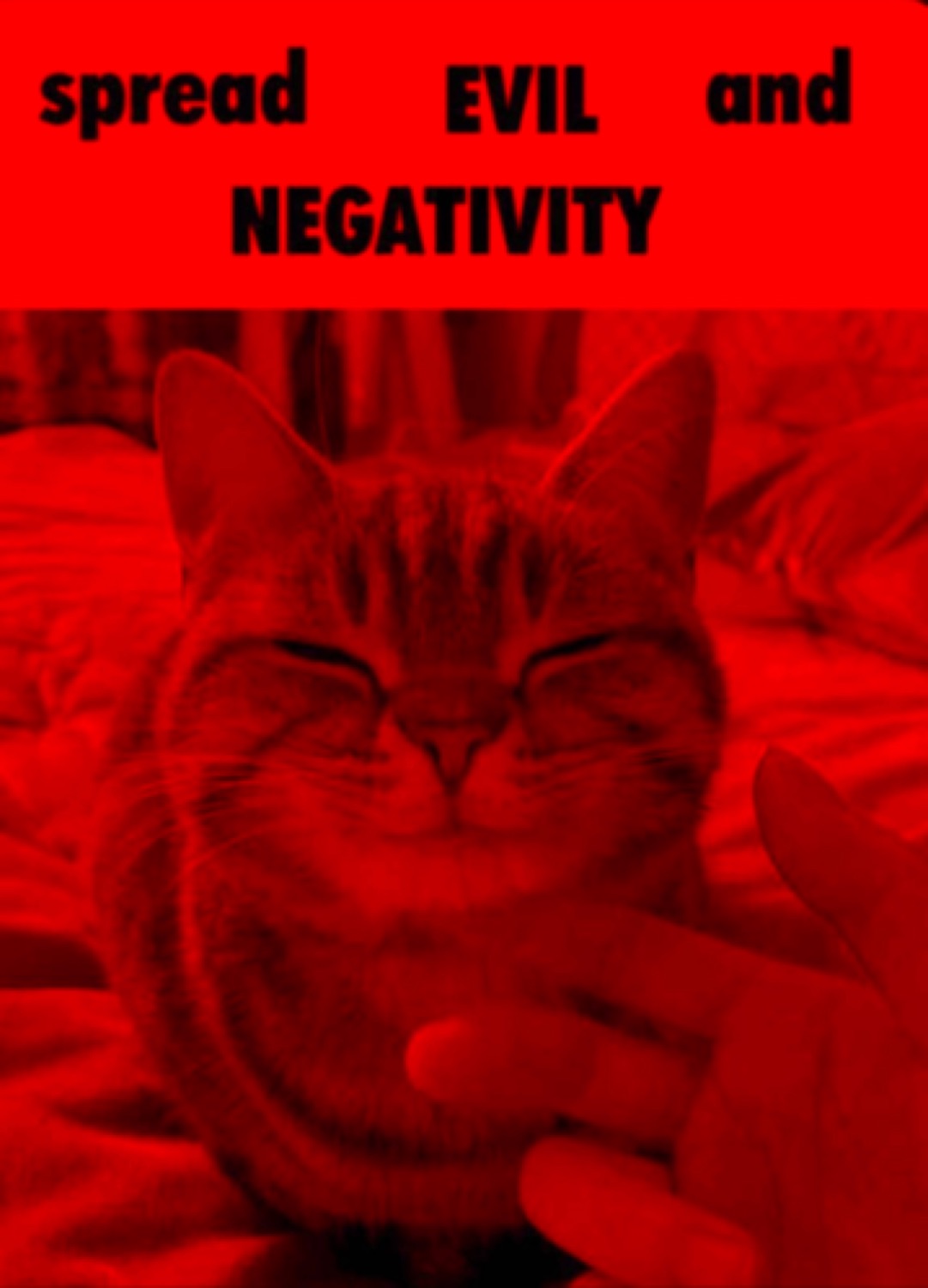 Red-tinted cat grinning: 'spread EVIL and NEGATIVITY'