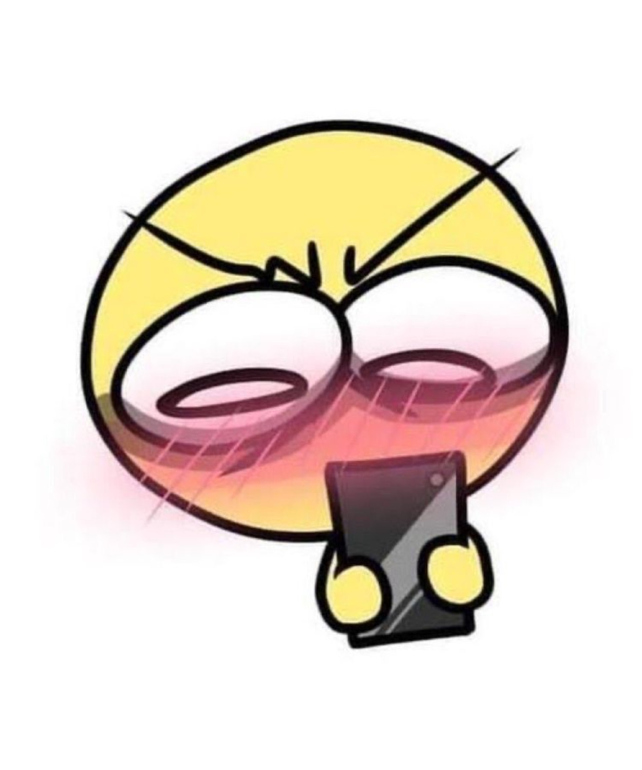 Droopy-eyed yellow emoji face blushing while staring down at its phone