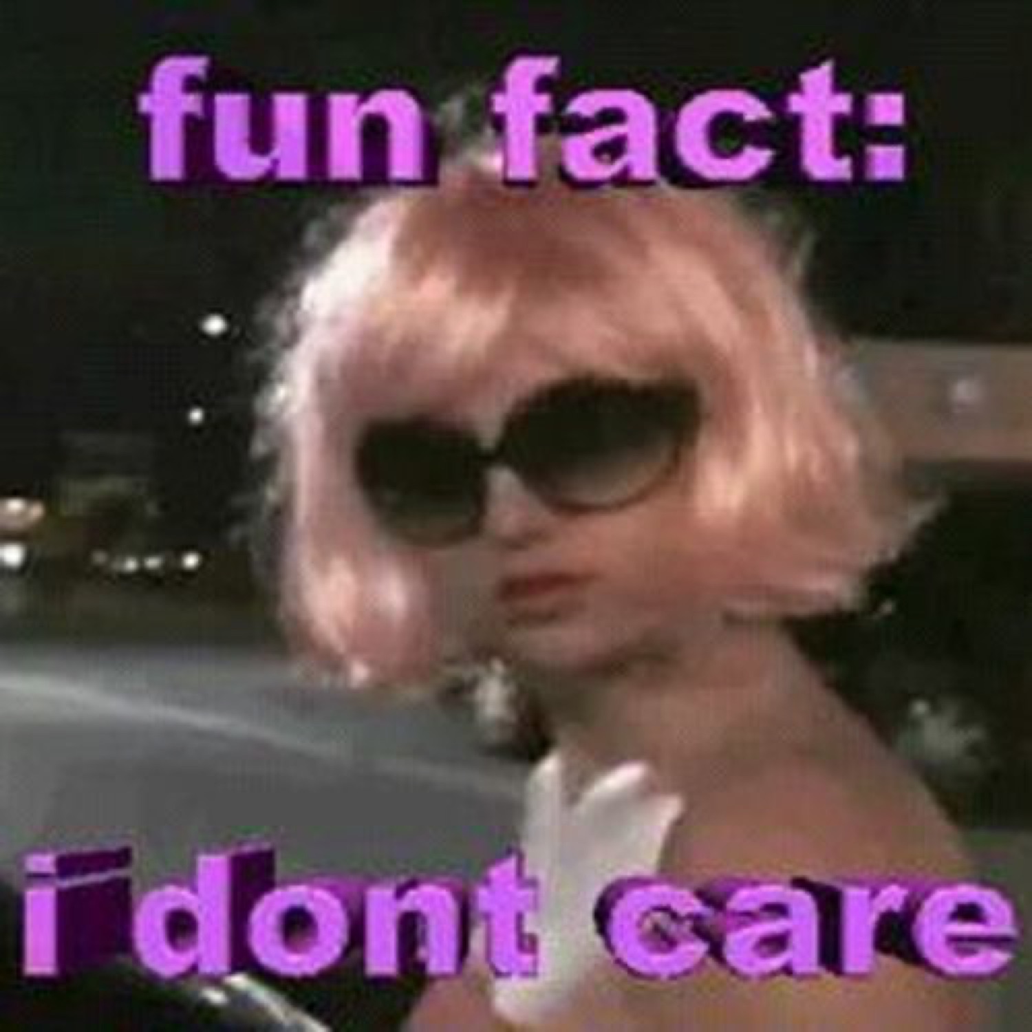Woman in sunglasses and a pink wig: 'fun fact: i dont care'