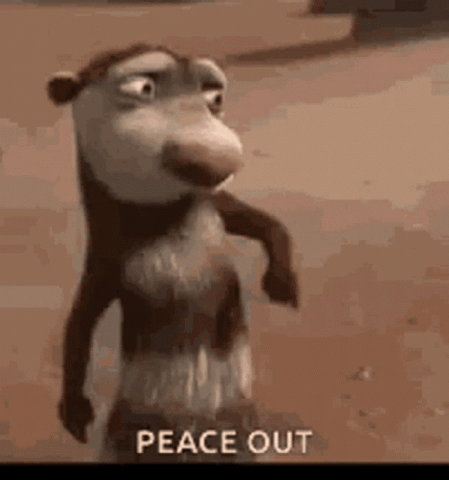 Cartoon opossum giving a salute and walking off, "peace out"