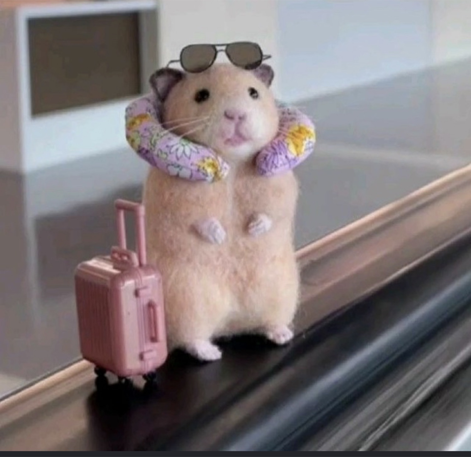 Hamster in sunglasses and a neck pillow standing next to a tiny suitcase