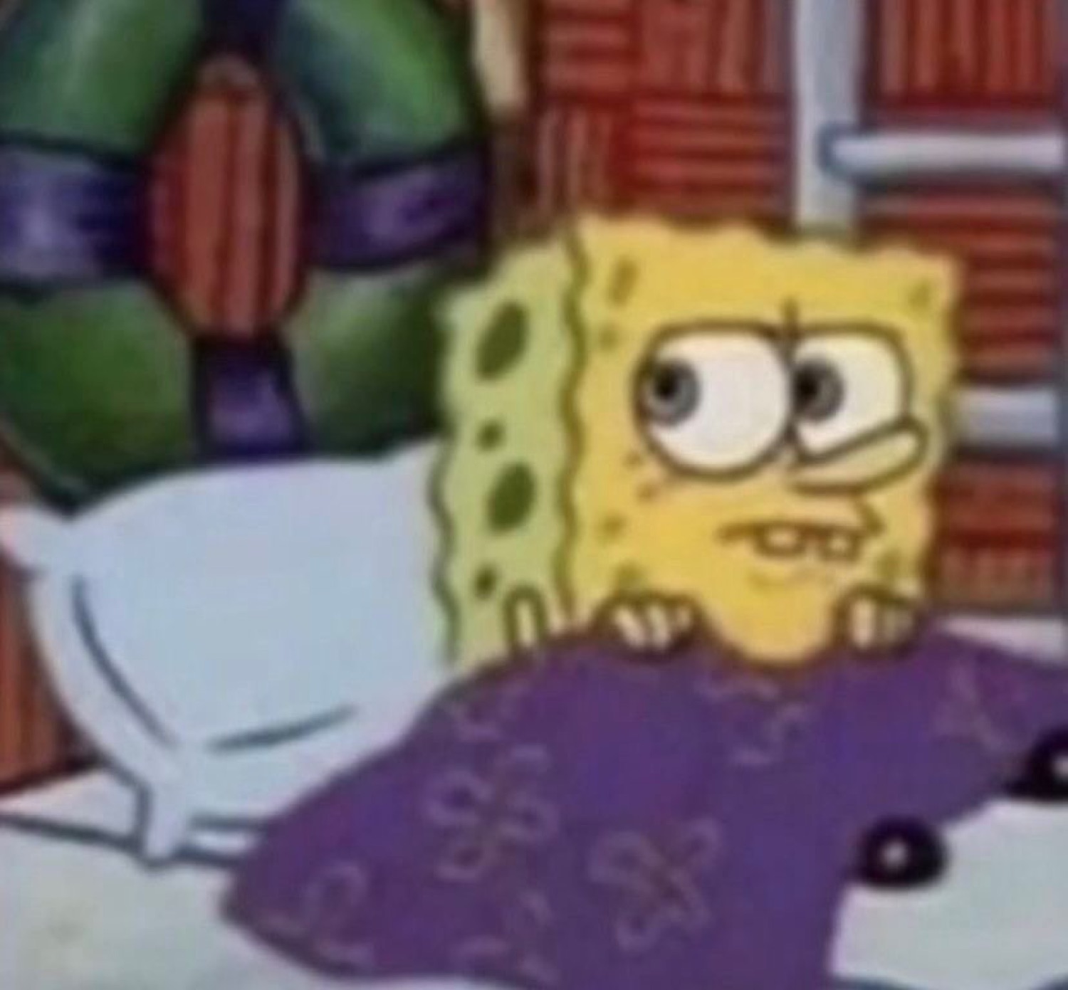 SpongeBob tucked in bed under a blanket with a tired, unimpressed stare