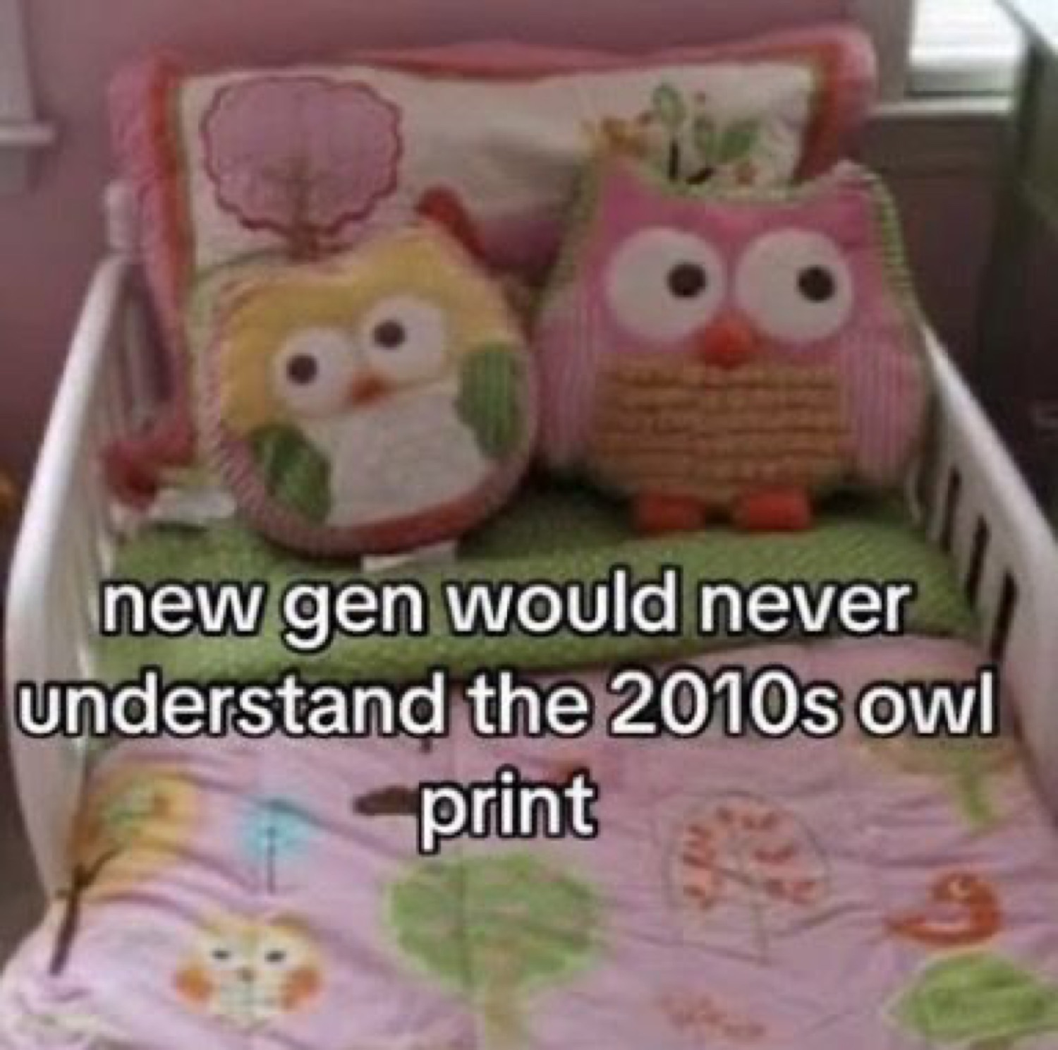 Owl-print pillows on a bed: 'new gen would never understand the 2010s owl print'