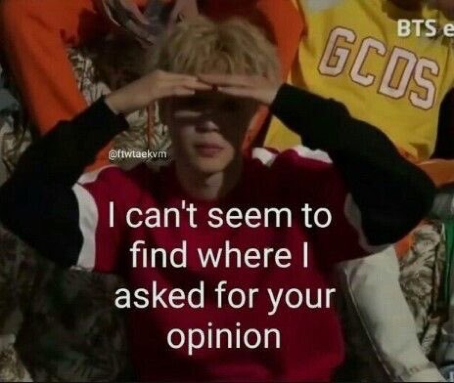 BTS member shielding his eyes searching dramatically, captioned 'I can't seem to find where I asked for your opinion'