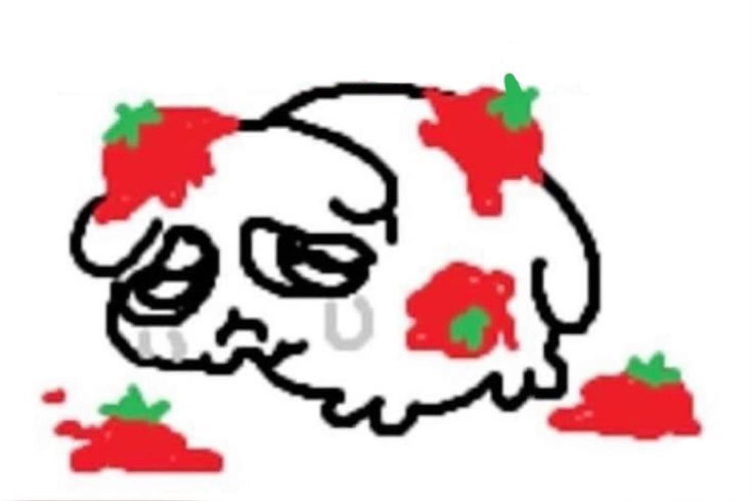 Sad troll-face doodle buried under a pile of strawberries, on the verge of tears