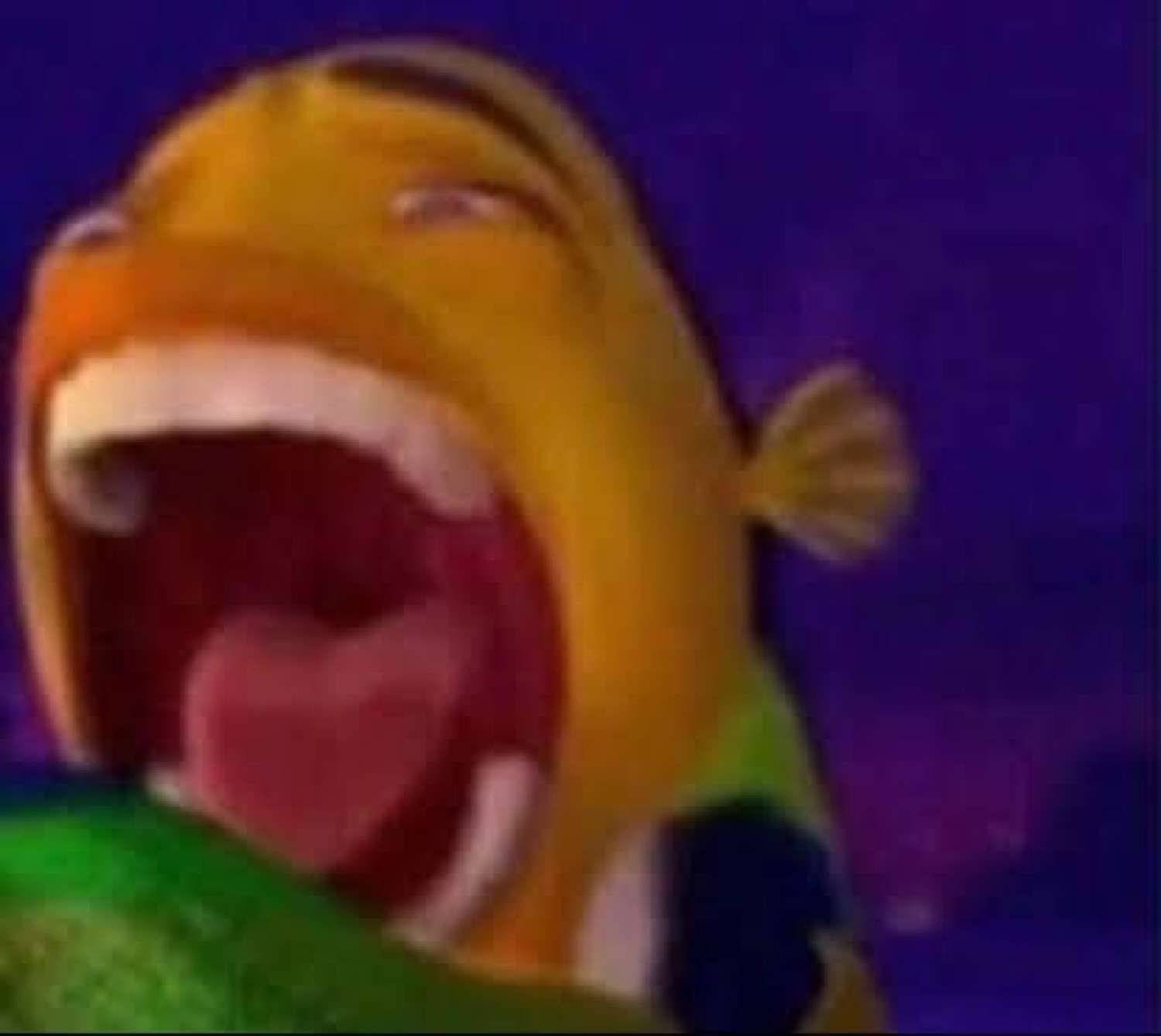 Cartoon fish with its mouth stretched impossibly wide open mid-scream