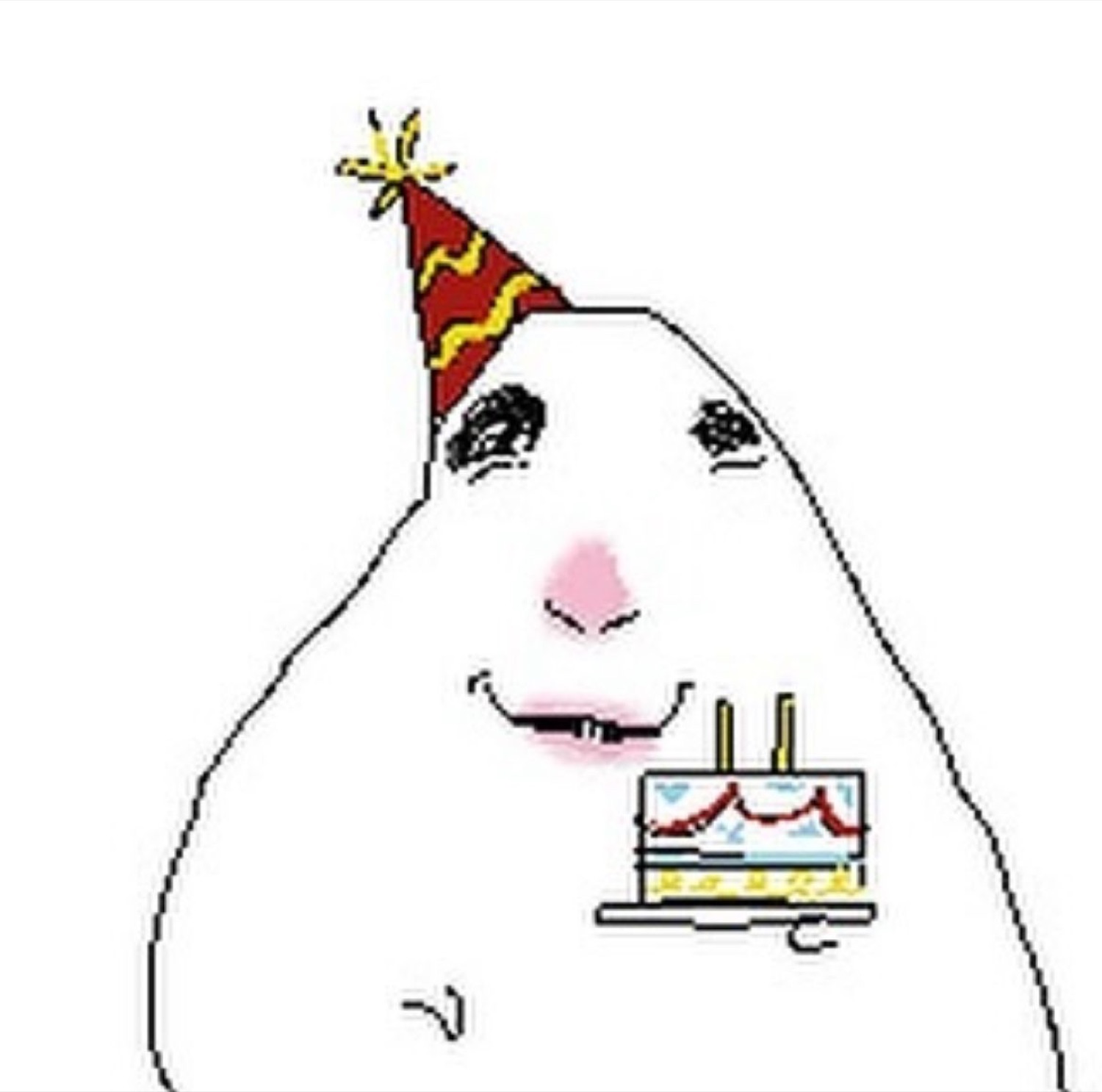 Doodle blob in a party hat smiling next to a birthday cake