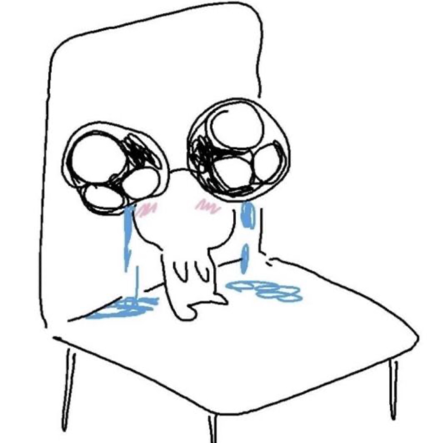 Crude doodle of a figure with huge bug eyes sobbing a puddle onto a chair