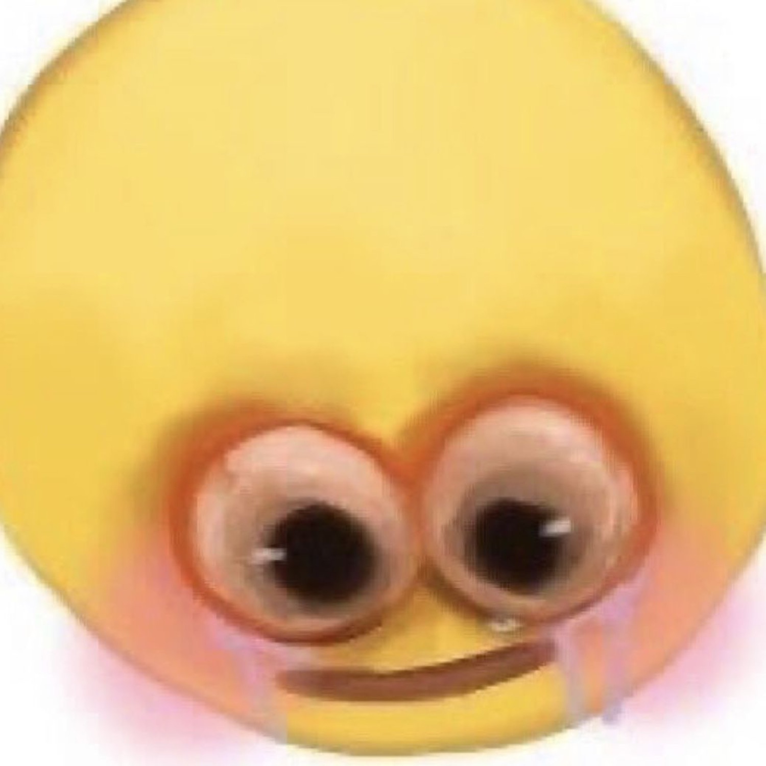 Cursed yellow emoji with tiny welling eyes and tears streaming down its face