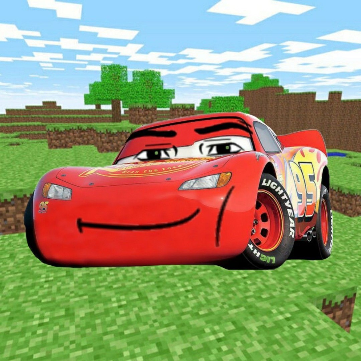 Lightning McQueen with a big smile in Minecraft