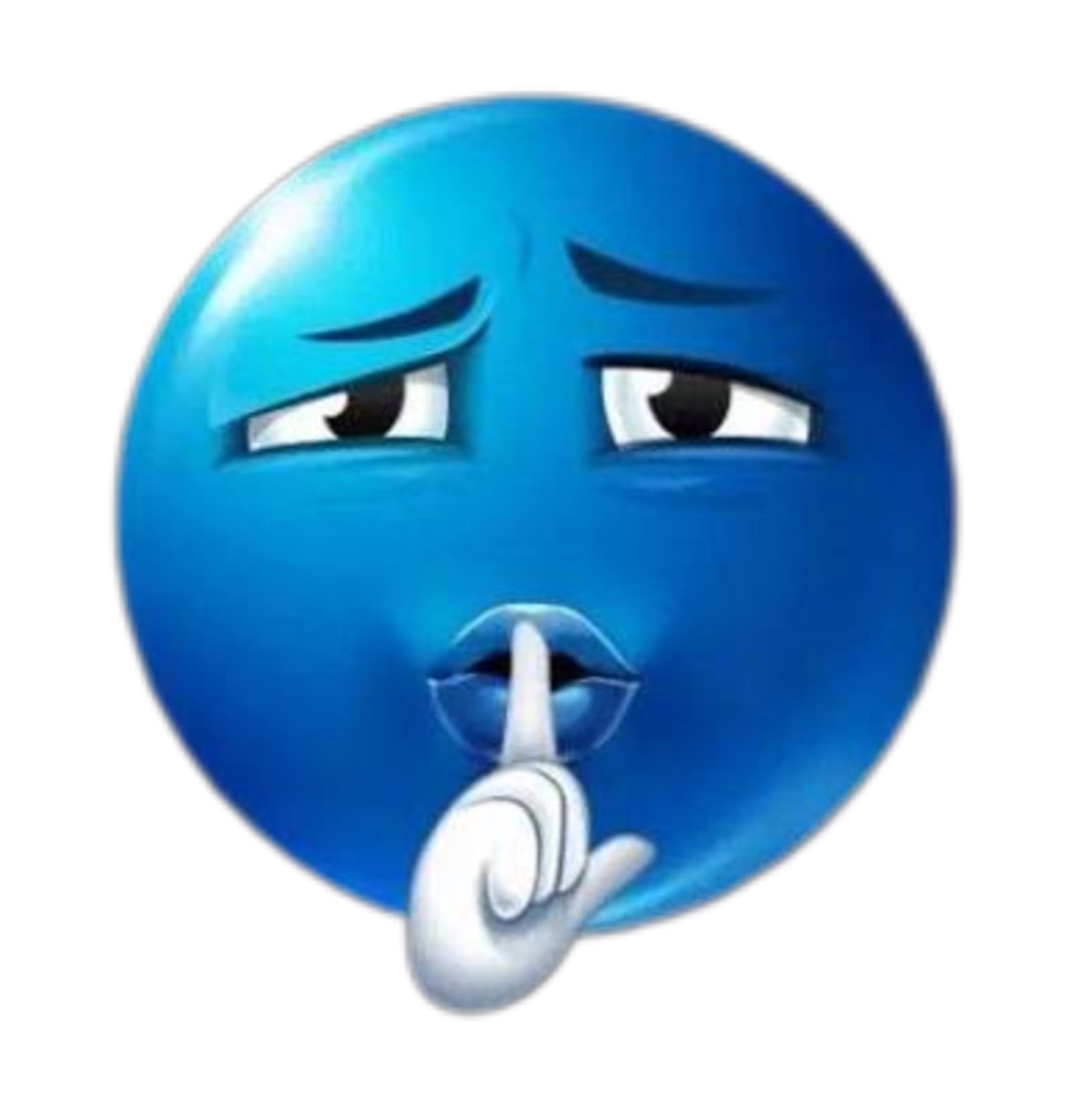 Blue emoji with a sly look holding a finger to its lips: shh