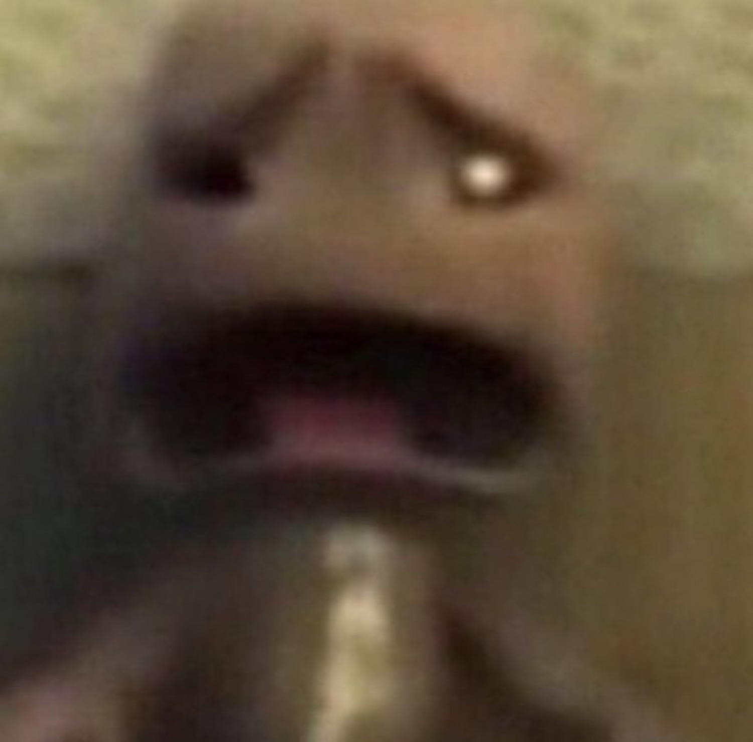 Extreme close-up of a dog's nose and mouth frozen in a wide-eyed look of terror