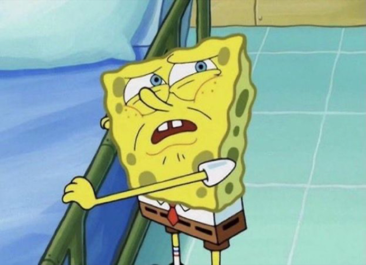 SpongeBob gripping a bar with a furious, scrunched-up face, fully fed up