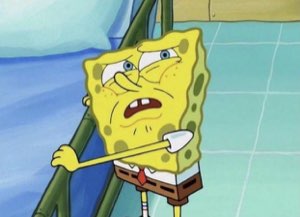 SpongeBob gripping a bar with a furious, scrunched-up face, fully fed up